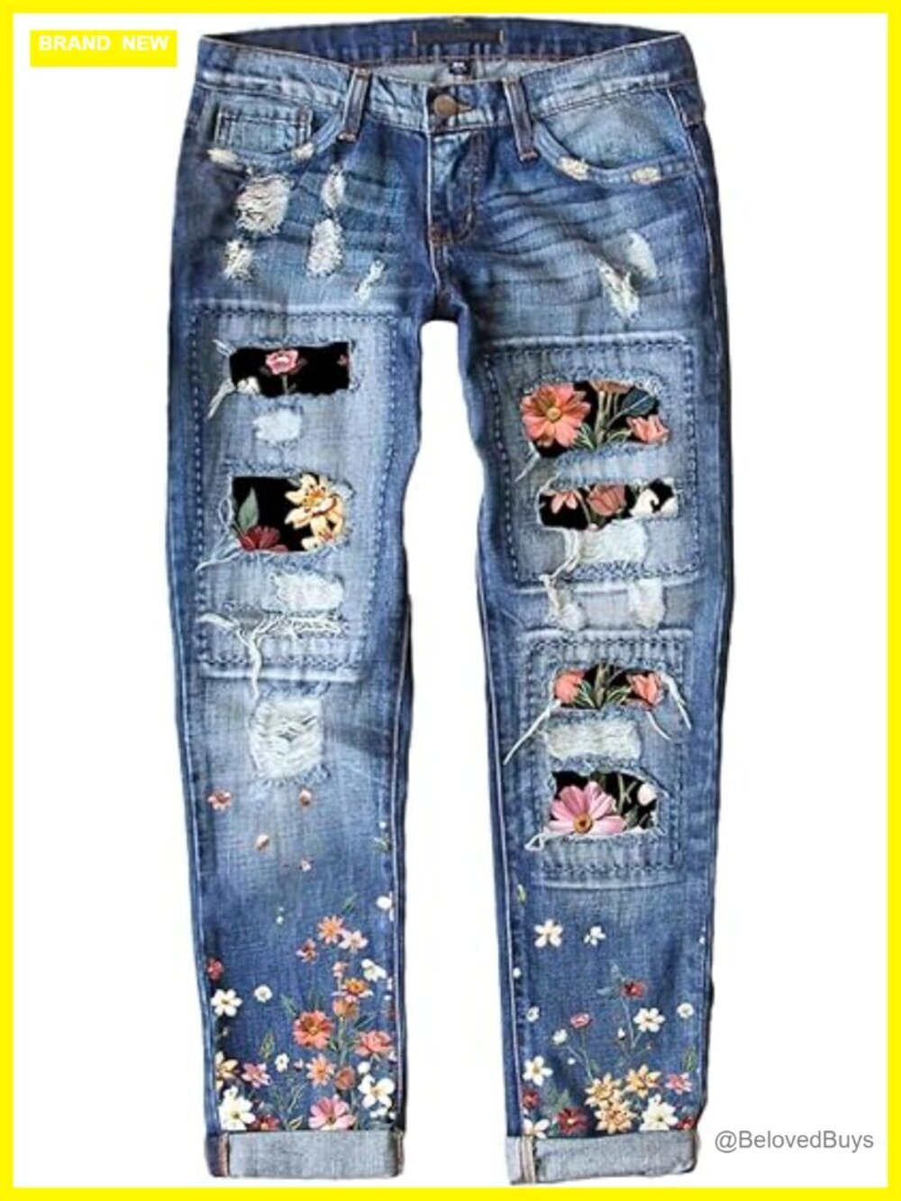 Womens Plaid Patch Ripped Boyfriend Distressed Stretch Skinny Denim Jeans